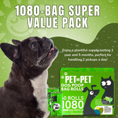 Dog Poop Bags, 1080 Count Unscented Doggy Waste Bag Rolls