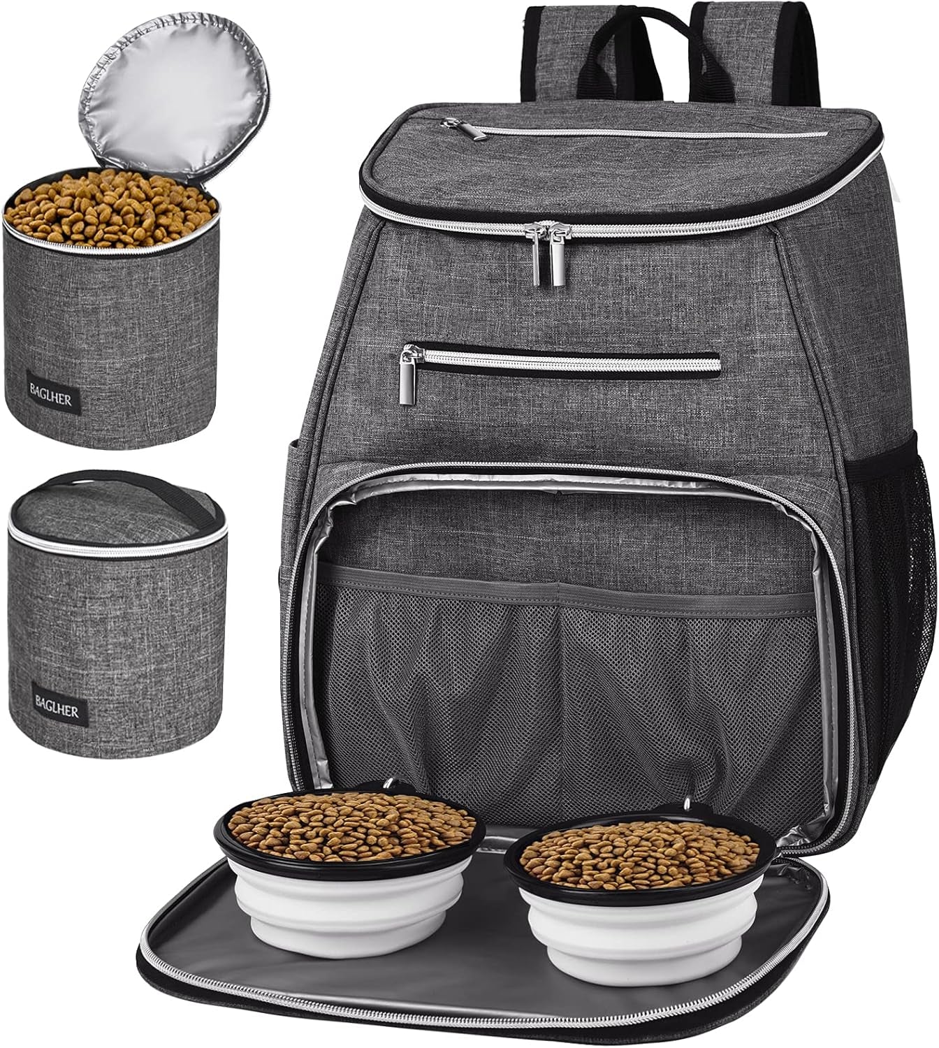 丨Dog Travel Bag Backpack, Airline Approved Pet Supplies Backpack, Dog Travel Backpack with 2 Silicone Collapsible Bowls and 2 Food Baskets Grey